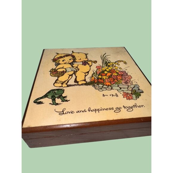 Vintage Wooden Trinket Box With Kewpie Art By Ann OMull Featuring Floral & Frog - Picture 3 of 11